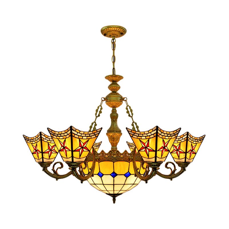 Tiffany Antique Craftsman Chandelier Stained Glass Yellow Pendant Light with Centre Bowl for Hotel