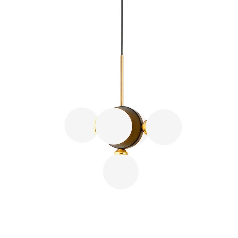 Orbs Restaurant Chandelier Pendant White/Amber Glass 5 Lights Mid Century Ceiling Suspension Lamp with Burst Design