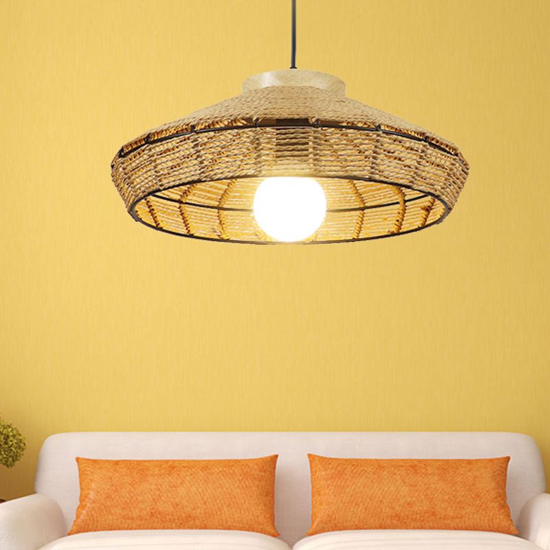 Straw Rope Barn Shade Hanging Light Rustic Single Head Beige Pendant Lamp for Living Room Restaurant