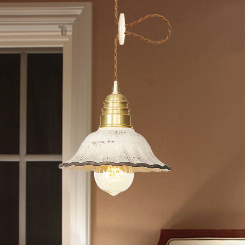 Industrial-Style Scalloped Hanging Light Kit 1 Head Ceramics Pendant Lamp Fixture in Gold