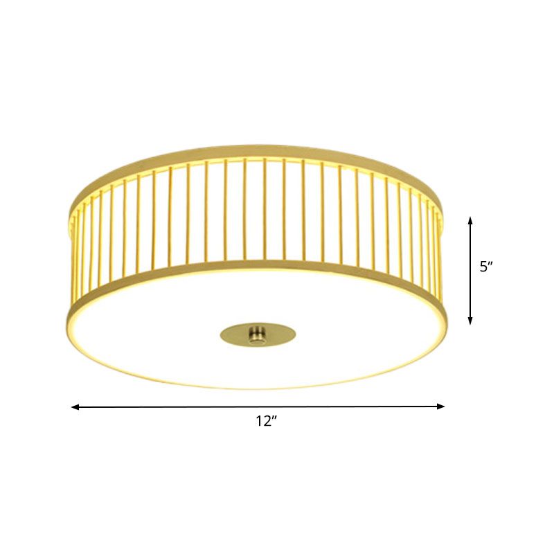 LED Cylinder Flush Mount Japanese Bamboo Ceiling Mounted Light in Beige for Dining Room