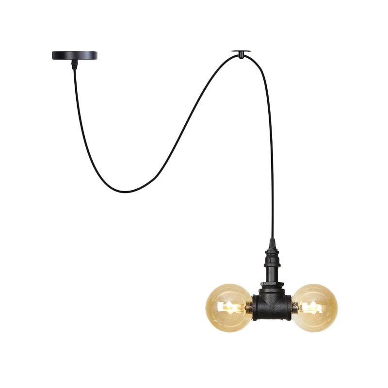 Amber Glass Black Pendant Chandelier Spherical/Capsule 2 Heads Antiqued Suspension Lamp with Swag Design