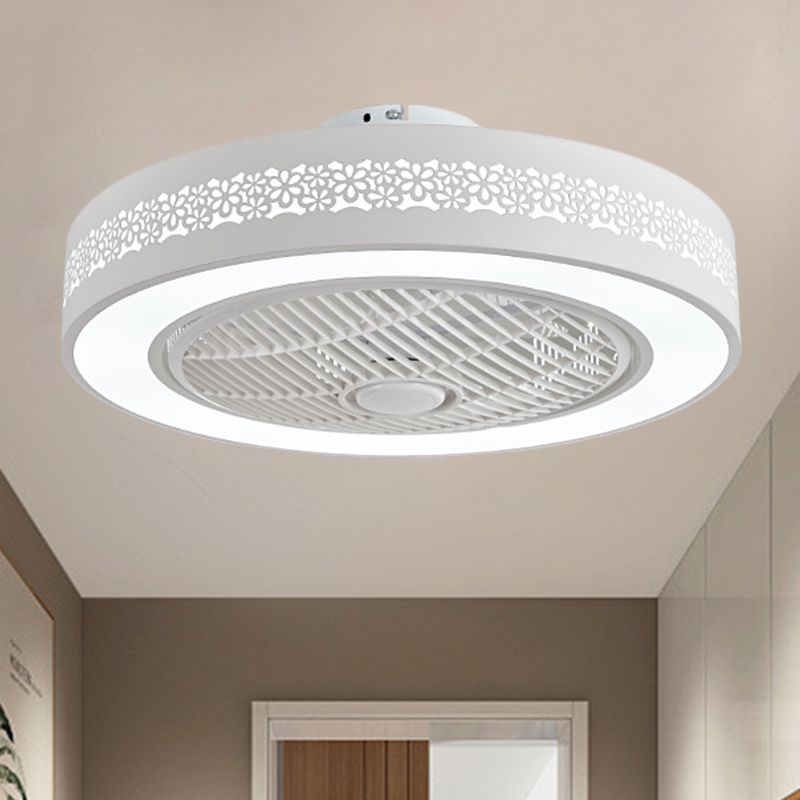 White Drum Shape Pendant Fan Light Simple 21.5" W LED Metallic Semi-Flush Ceiling Lamp