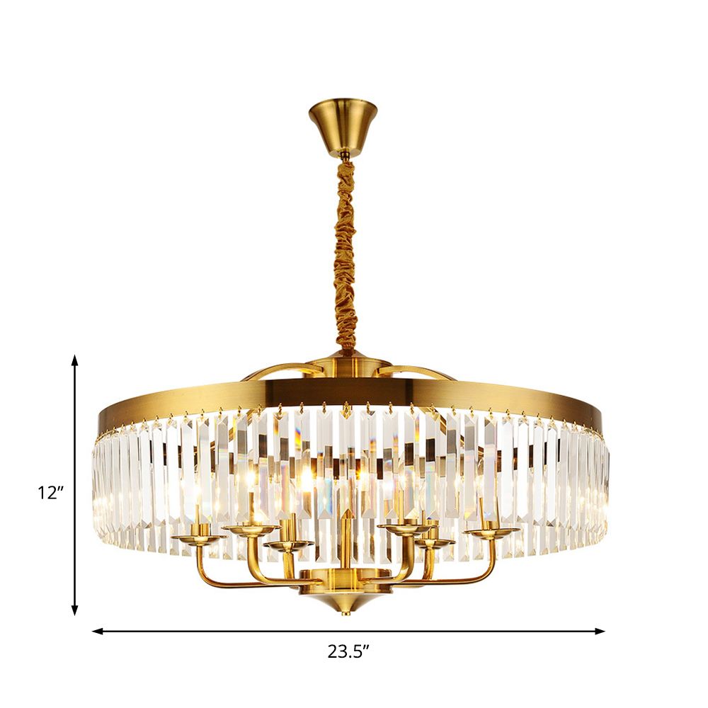 8 Lights Living Room Hanging Ceiling Light with Drum Crystal Block Shade Modern Brass Chandelier Light