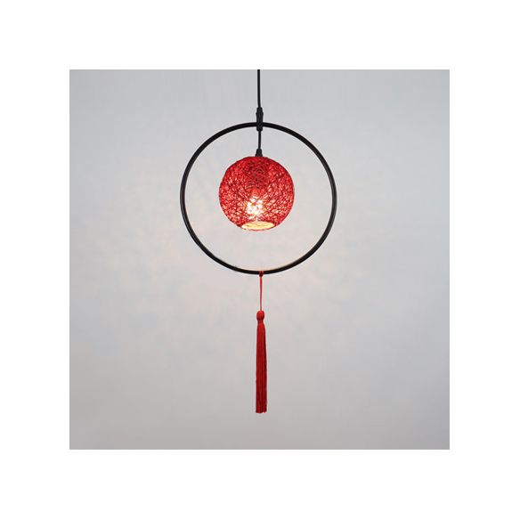 Asian Style Ball Pendant Lamp Woven Rattan 1 Bulb Hanging Light in Beige/Blue/Red with Tassels