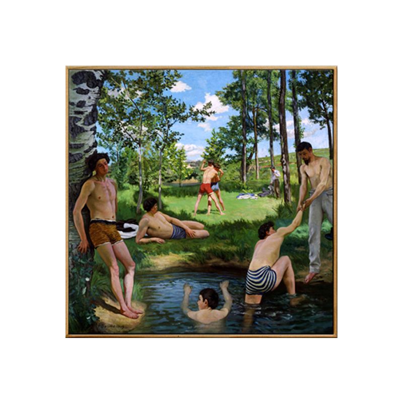 Boys Near River Painting Green Traditional Wall Decor for Bedroom (Multiple Sizes)