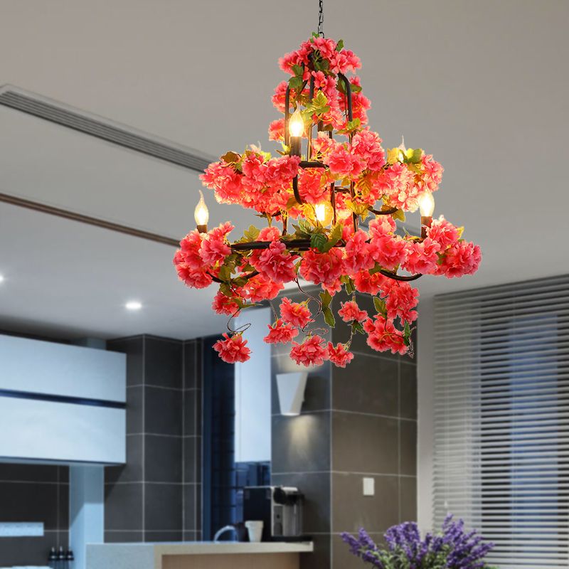 Cherry Blossom Restaurant lustre éclairage Vintage Metal 7 Lumières Rose rouge Suspension LED