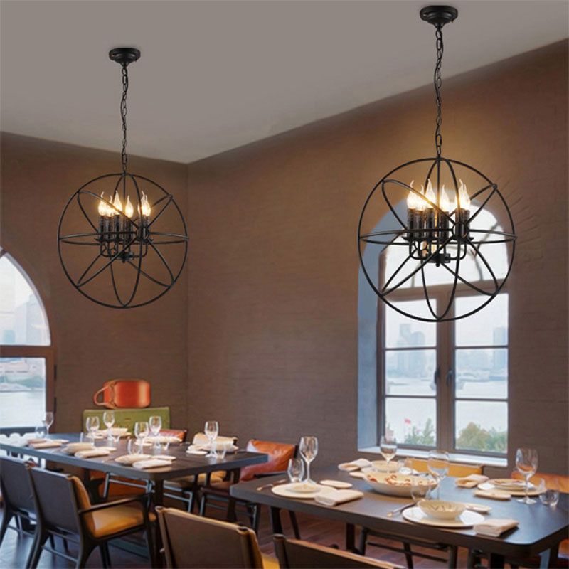 Metal Black Chandelier Pendant Light Round Industrial-Style Ceiling Hung Fixture