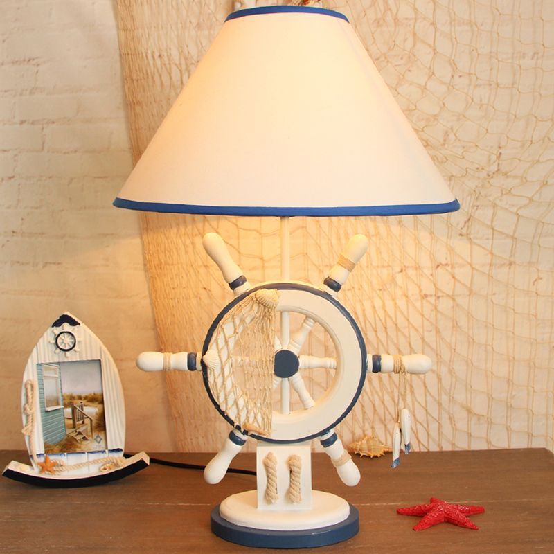 Resin Rudder Base Desk Lamp Children Single Bulb Blue Night Light with Cone White Fabric Shade