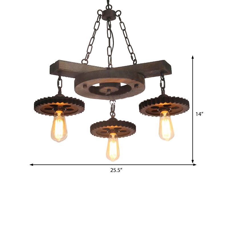 Metal Black Ceiling Chandelier Gear 3/7 Lights Industrial Down Lighting in Black with Round Wood Shelf