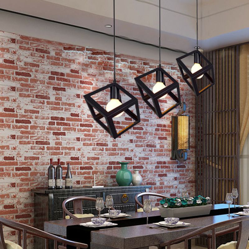 Square Cage Restaurant Pendant Ceiling Light Vintage Metal Black Hanging Light Fixture