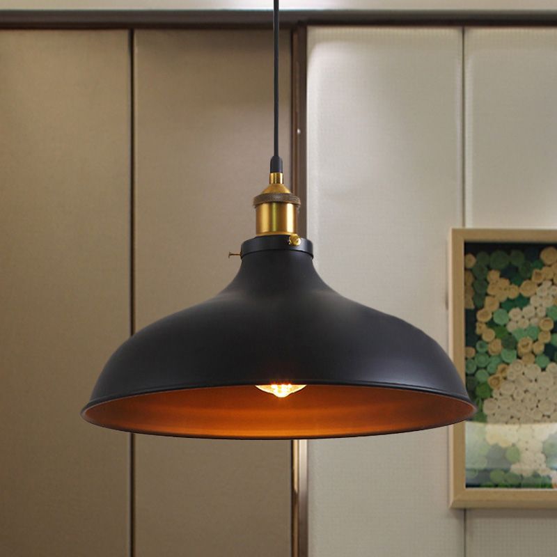 1 Bulb Pendant Lamp Vintage Style Bowl Metal Ceiling Light Fixture in Black/White for Restaurant