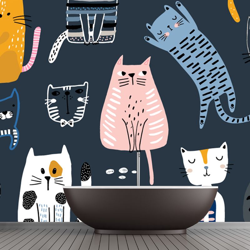 Kawaii Cats Wallpaper Mural for Child Room, Pink-Yellow-Blue, Custom Size Available