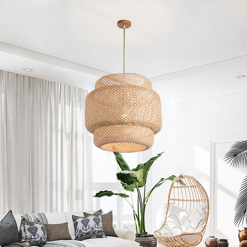 Lantern Bamboo Rattan Shape Pendant Hanging Lamp Asia Style 1 Light Hanging Ceiling Light  for Living Room