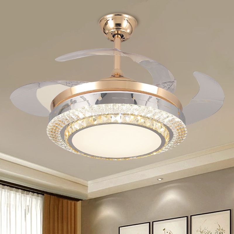 3-Blade Round Semi Flush Mount Minimalist Crystal Block 19" Width LED Gold Ceiling Fan Light