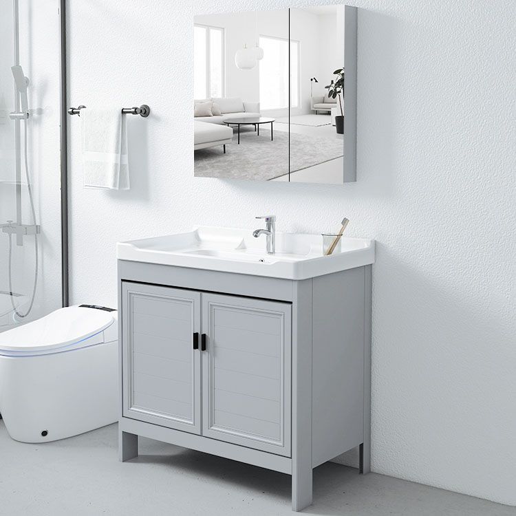 Vanity Glam Mirror Single Sink Metal Frame Freestanding Grey Faucet Vanity with Doors