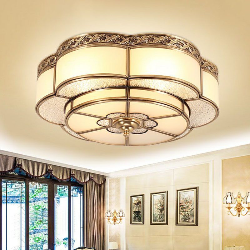 Flower Corridor Ceiling Mount Lamp Traditional Frost Glass Brass Finish Flush Light Fixture