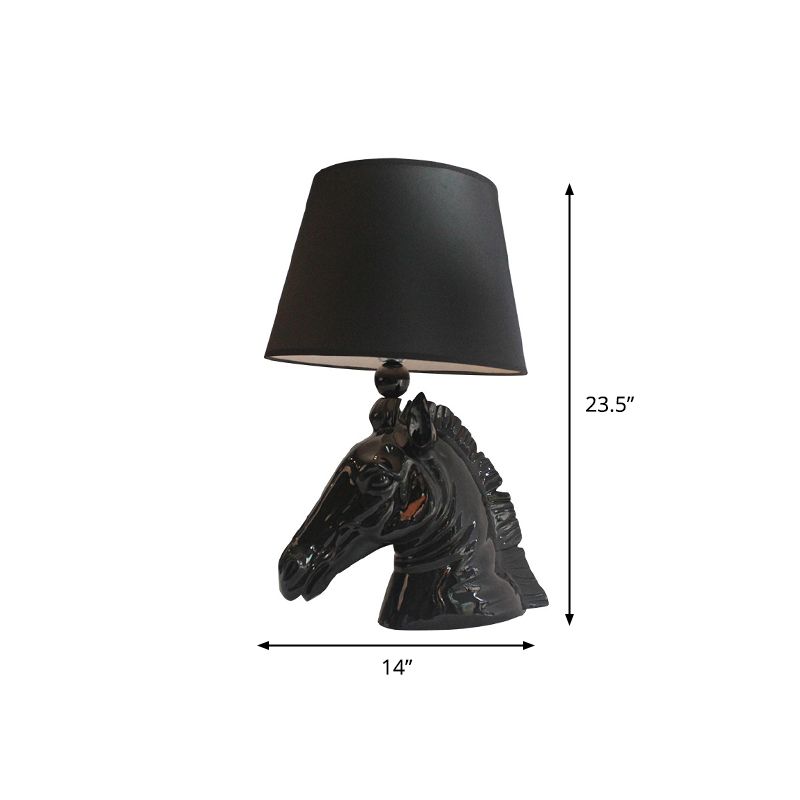 14"/18" Wide 1-Light Table Lamp Vintage Tapered Shade Fabric Night Light with Horse Head Base in Black