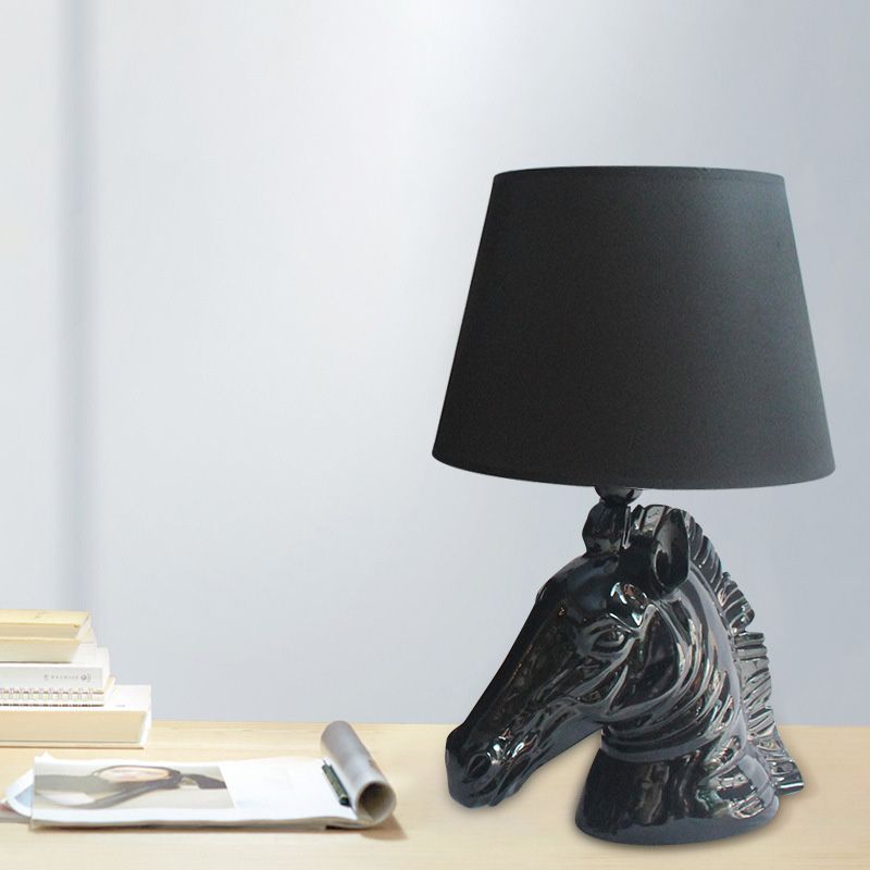 14"/18" Wide 1-Light Table Lamp Vintage Tapered Shade Fabric Night Light with Horse Head Base in Black