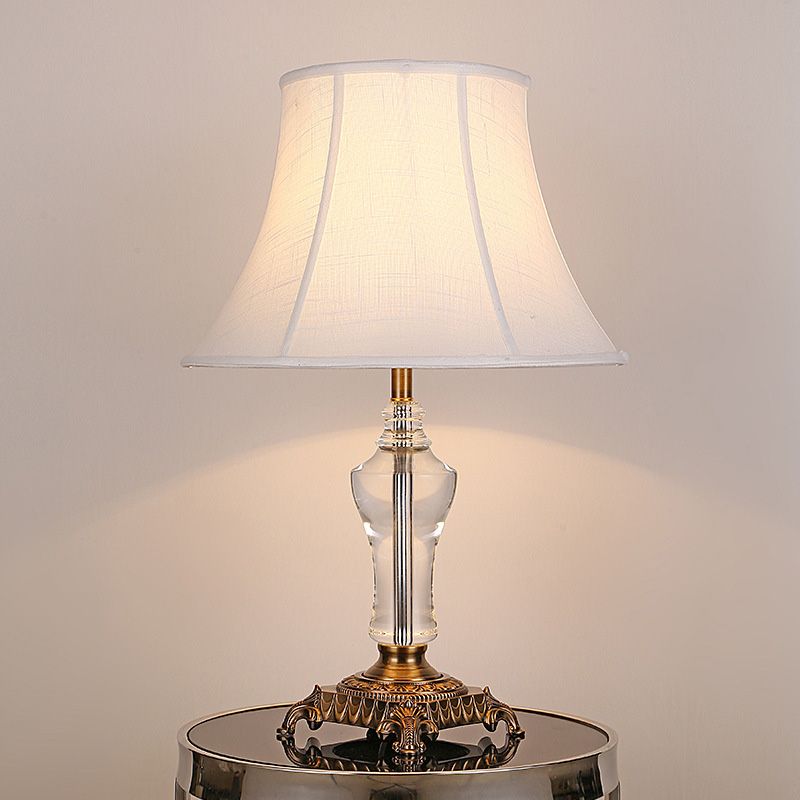 Flare Table Lamp Modern Fabric 1 Bulb White Desk Light with Carved Bronze Metal Base