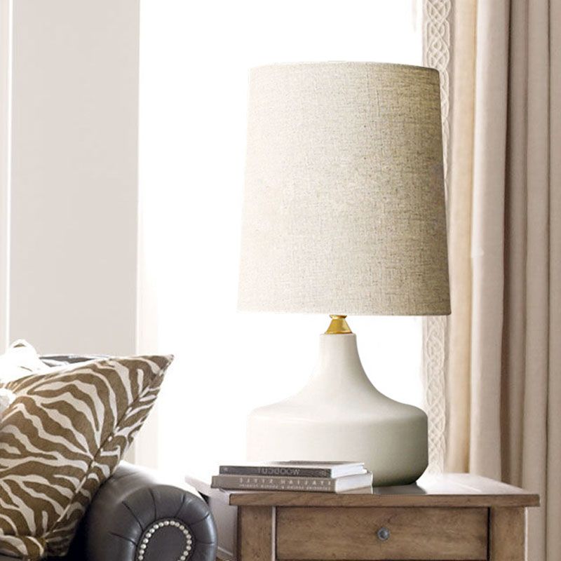 1 Bulb Night Stand Lamp Rural Living Room Table Light with Cylinder Fabric Shade in Grey/White