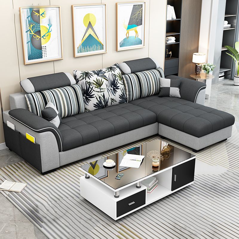 Modern Solid Wood Frame Sectional Linen/Faux Leather Sofa with Ottoman Inlcuded