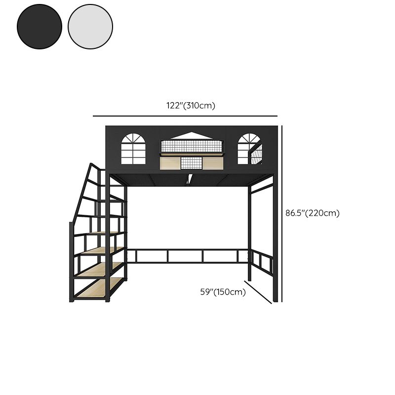 Contemporary Iron Frame Loft Bed with Guardrails and Staircase/Built-In Ladder