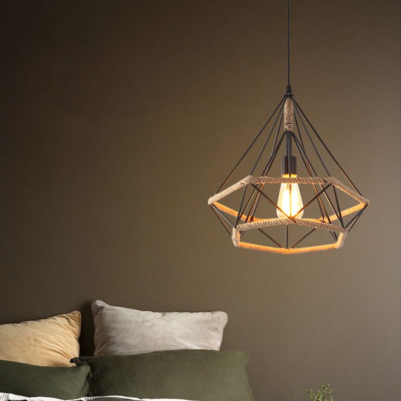 Vlaxen Single-Bulb Hanging Lamp Industrial Style Hemp Rope Caged Lighting Pendant