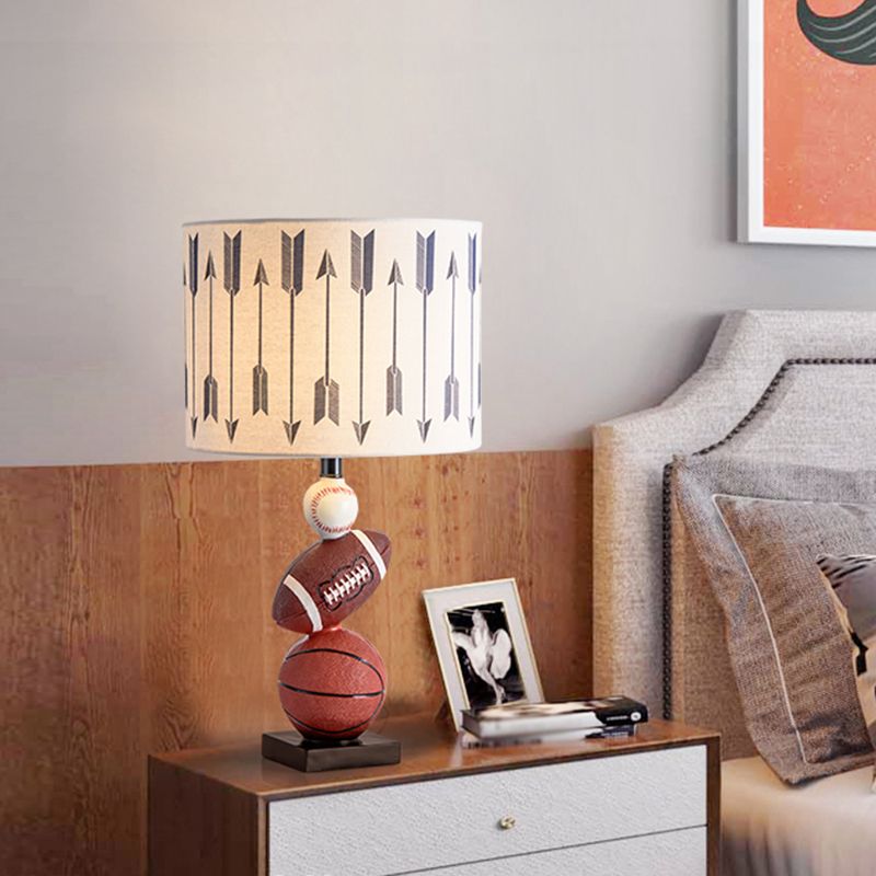 Cylinder Bedroom Task Light Fabric 1 Light Cartoon Night Table Lamp with Ball Decor in Brown