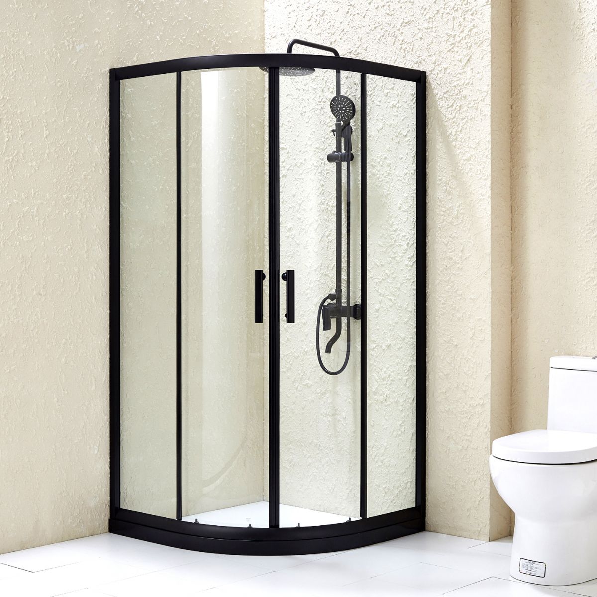 Black Framed Shower Kit Double Sliding Rounded Shower Kit with 2 Door Handle