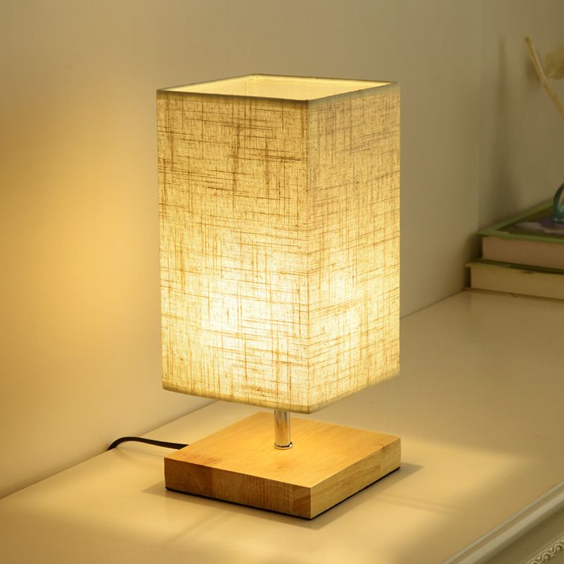 Round/Square Fabric Nightstand Light Nordic 1 Bulb Flaxen Table Lamp with Black/Wood Base for Bedroom