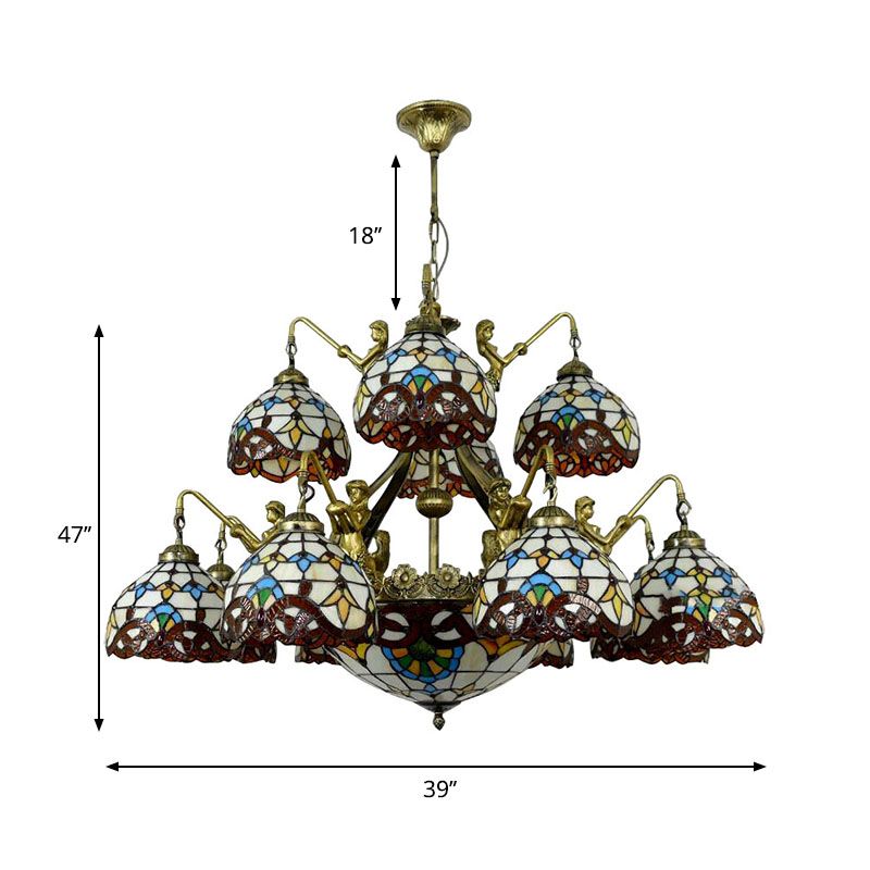 Brown 15 Lights Chandelier Lighting Tiffany Cut Glass Dome Pendant Lamp for Living Room with Mermaid Design