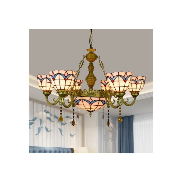 Country Bowl suspendu Pendard Tachage de vitraux 7 têtes Chandelier Tulip en laiton pour le salon