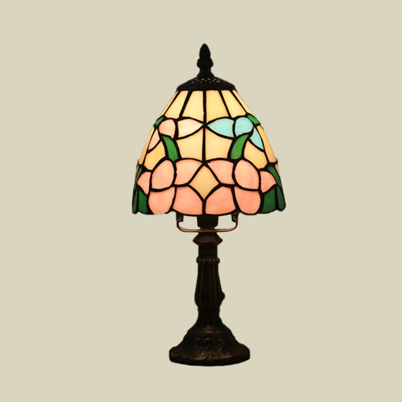 Dome Shape Nightstand Lighting 1-Light Stained Glass Baroque Style Blossom Patterned Table Lamp in Red/Pink/Orange