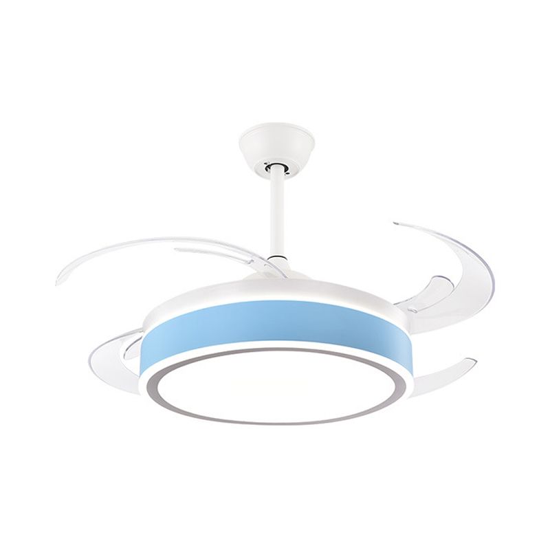 Metalen ronde hangende ventilator licht eenvoudig moderne 4 bladen led semi -spoel gemonteerde lamp in grijs/roze/blauw voor eetkamer, 47 "breed