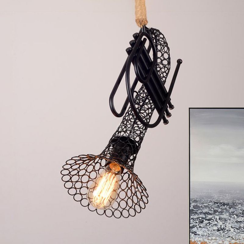 Metallic Trumpet Pendant Light with Mesh Shade and Rope Rustic Retro 1 Light Balcony Hanging Light in Black