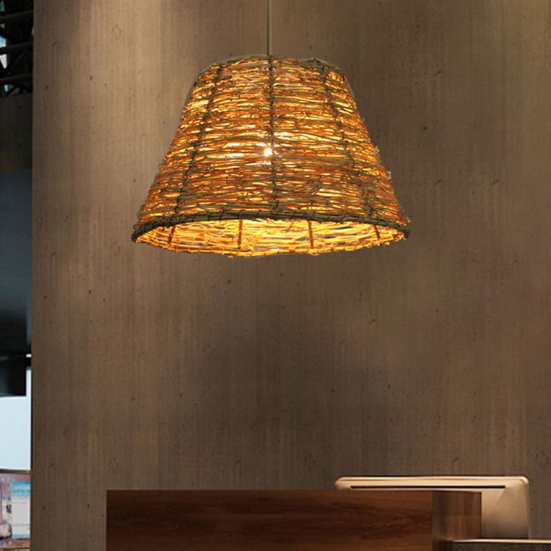 1 Bulb Restaurant Hanging Pendant Light with Conic Rattan Shade Asian Style Beige/Brown Ceiling Lighting