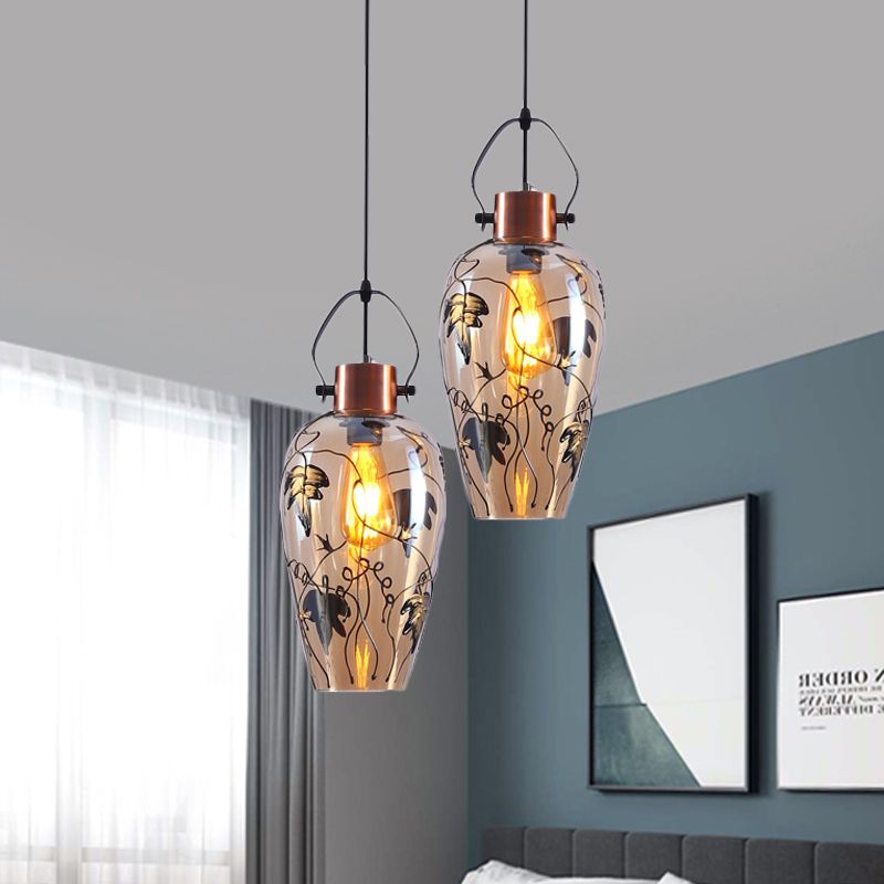 Gold Conical Multi Light Pendant Industrial Amber Glass 2/3 Heads Dining Room Ceiling Lamp with Maple Leaf Pattern