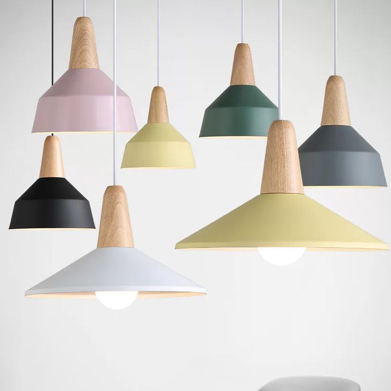 Barn Dining Room Pendant Lighting Aluminum 1 Bulb Macaron Ceiling Hang Lamp in Green/Grey/Pink with Wood Grip