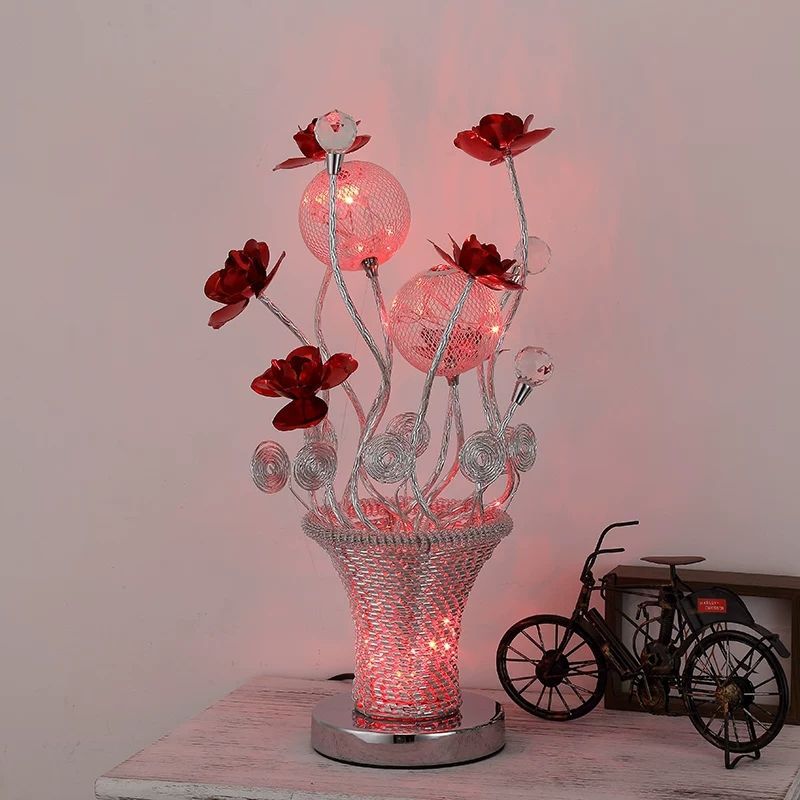 Basket-Like Aluminum Desk Light Art Decor Bedside LED Vine Night Table Lamp with Blossom and Orb Decor in Gold/Silver