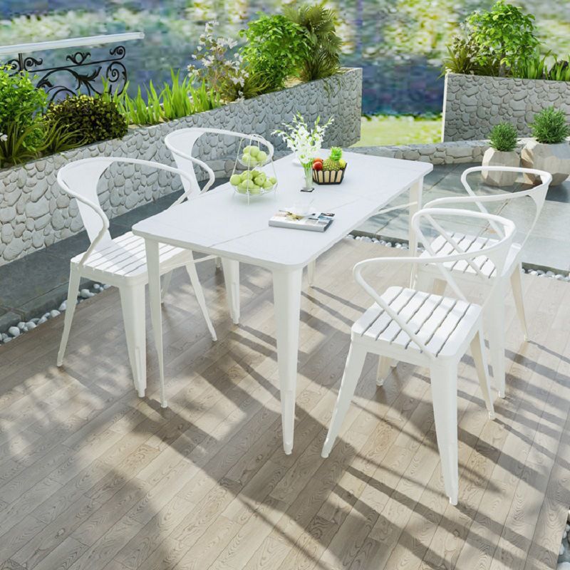 Outdoor Stone Top and Iron Frame Patio Table Contemporary Dining Table in White and Black