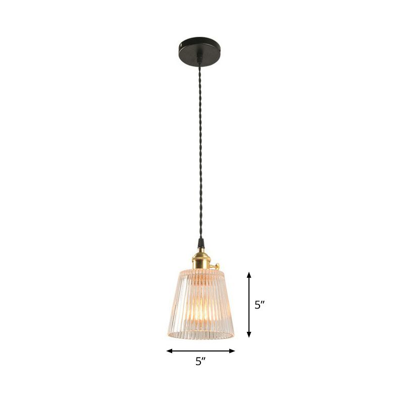 Tapered Clear Ribbed Glass Hanging Light Simplicity 1 Bulb Restaurant Pendant Light Fixture