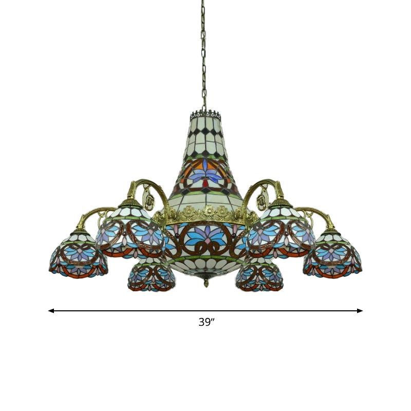 Chandelier de plafond de bras incurvé 11 lumières vitrail de vitrage méditerranéen plafond léger en rose et bleu / bleu violacé