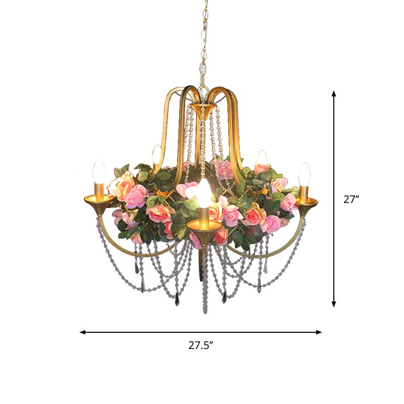 5 Heads Iron Chandelier Lighting Antique Gold Candlestick Restaurant Flower Ceiling Lamp with Crystal Strand