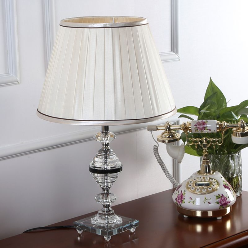 Gathered Empire Shade Night Lamp Modern K9 Crystal 1 Bulb Bedroom Nightstand Lighting in Beige