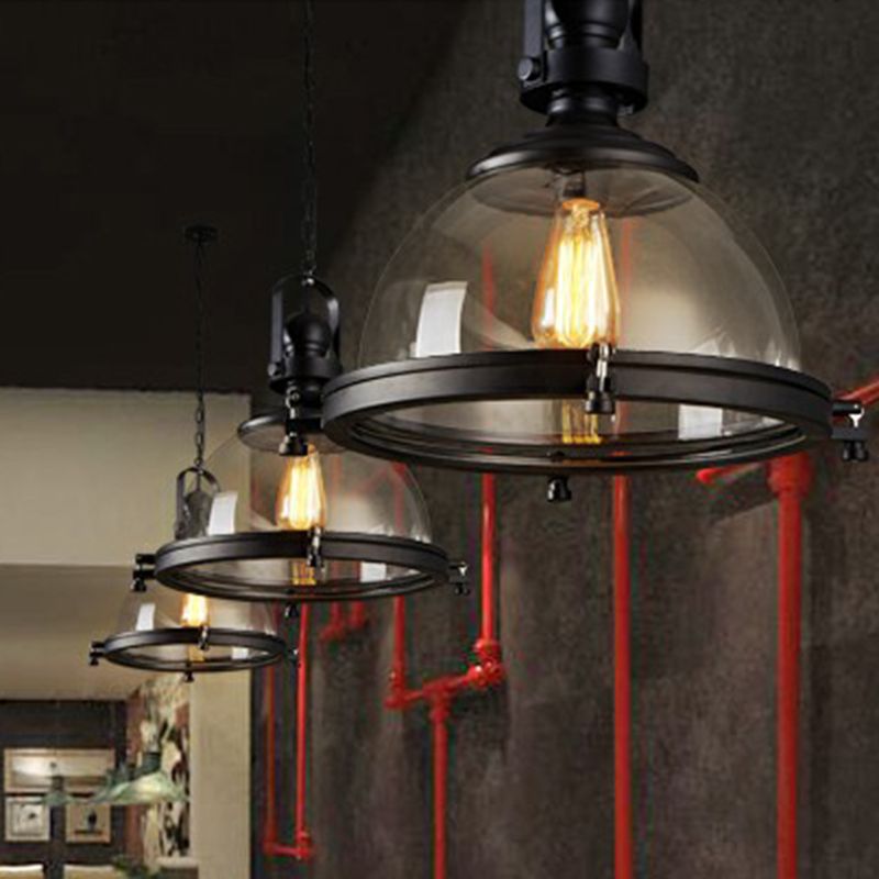 Dome Thickened Glass Hanging Light Simplicity 1 Bulb Restaurant Pendant Light Fixture in Black