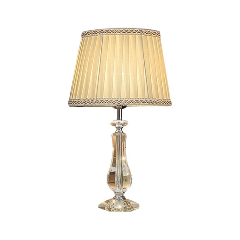 1 Head Flared/Pleated Shade Table Light Traditional Beige/Burgundy/Sky Blue Fabric Nightstand Lamp with Crystal Column