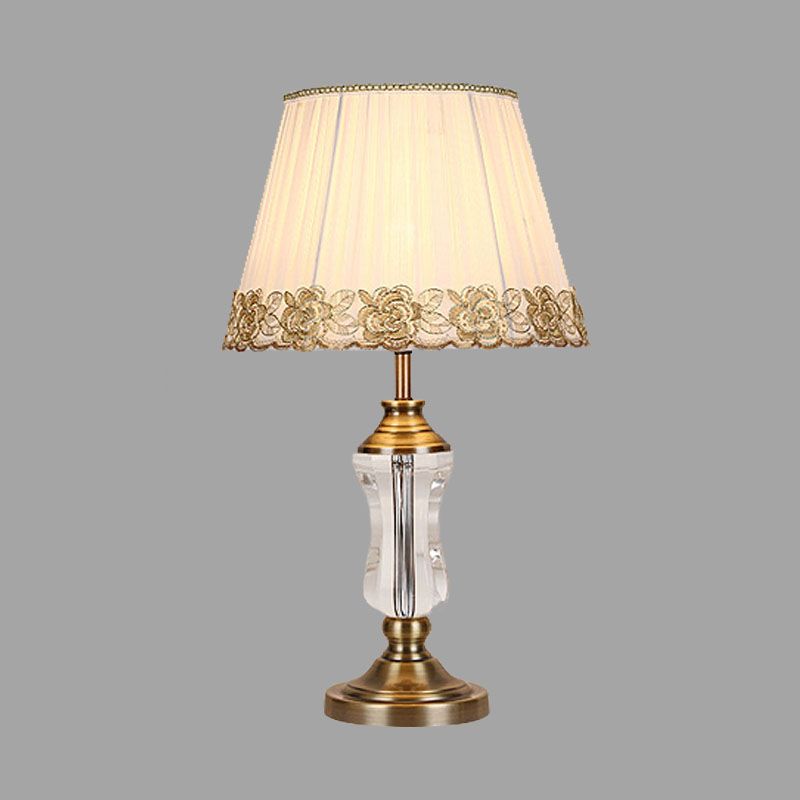 Crystal Conical Nightstand Light Traditionalism 1 Light Bedroom Table Lamp in White with Braided Trim