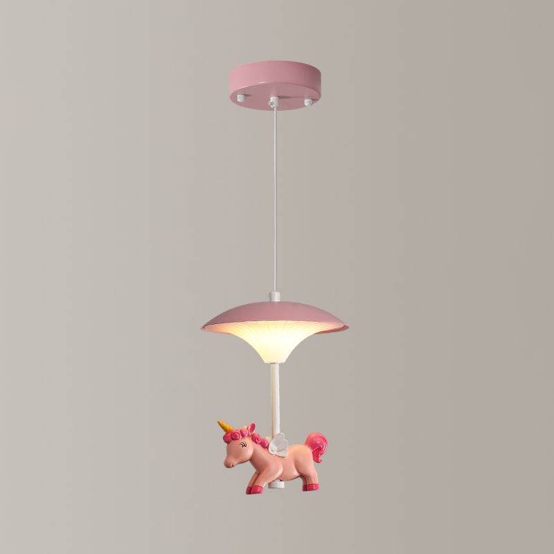 Pink Mushroom Ceiling Lamp Kid LED Metal Hanging Light Fixture with Cartoon Figurine for Bedroom