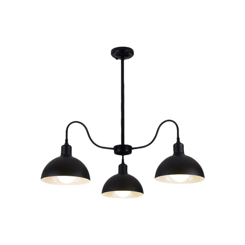 Black Finish 3 Heads Chandelier Pendant Retro Style Metal Dome Shade Hanging Light with Gooseneck Arm for Dining Room